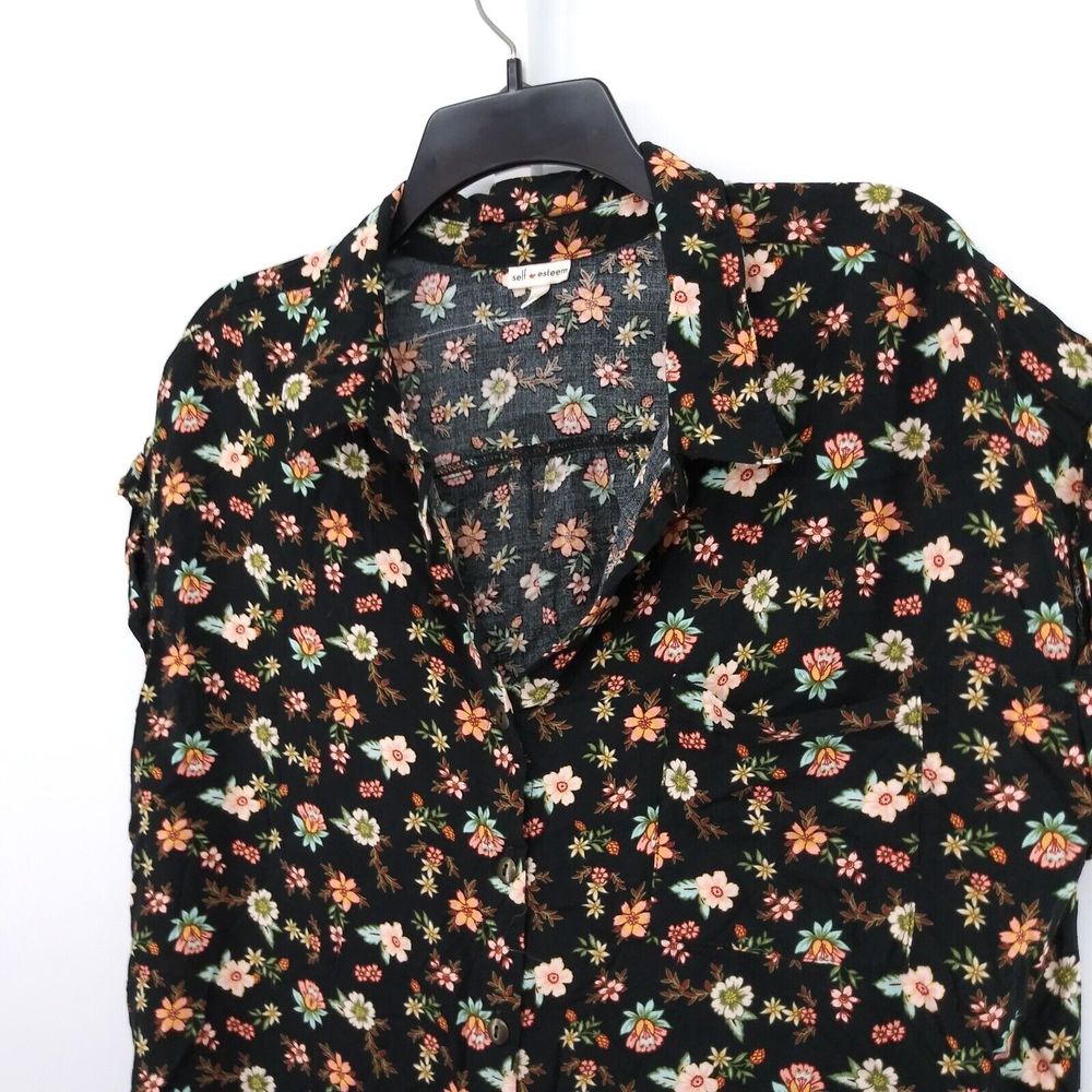 Self Esteem Blouse Womens Size 1X Black Floral Short Sleeve Button Up Top - Picture 2 of 7
